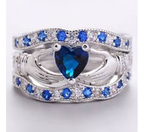 Women Fashion Jewelry Claddagh Heart Cut Sapphire Crystal Ring Set