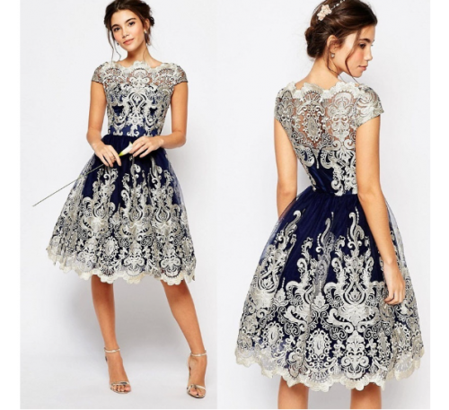 Women Navy Lace Elegant Style Ball Prom Gown Dress