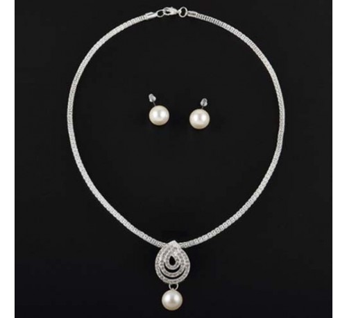Pearl Crystal White Silver Noble Fashion New Necklace & Earring Set