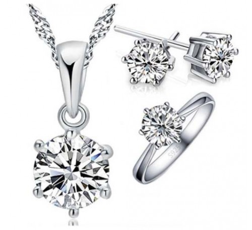 Women Jewelry 6 Claws Cubic Zirconia Set Included Earring + Necklace + Ring