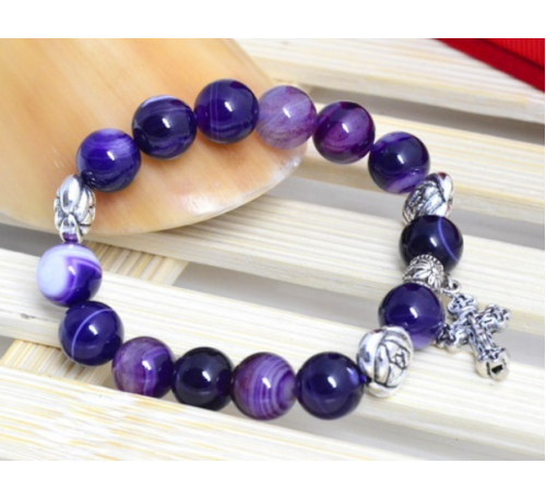 Natural Purple Agate Gemstone Rosary Beads Bracelet